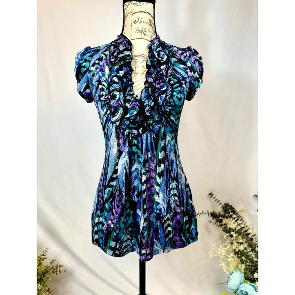 HeartSoul Y2K Baby Doll Ruffle Short Sleeve Top Blue Multi M - Picture 3 of 12